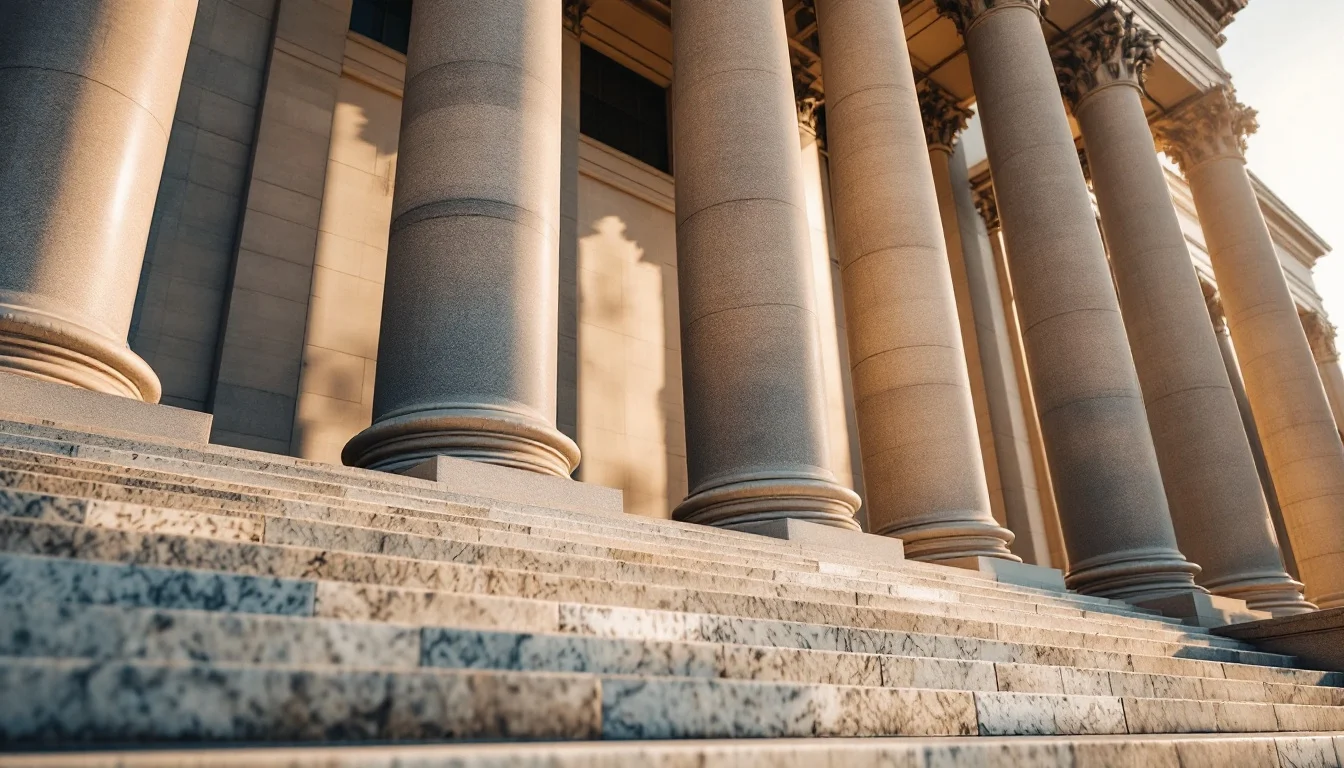 Courthouse columns and granite steps in morning light
