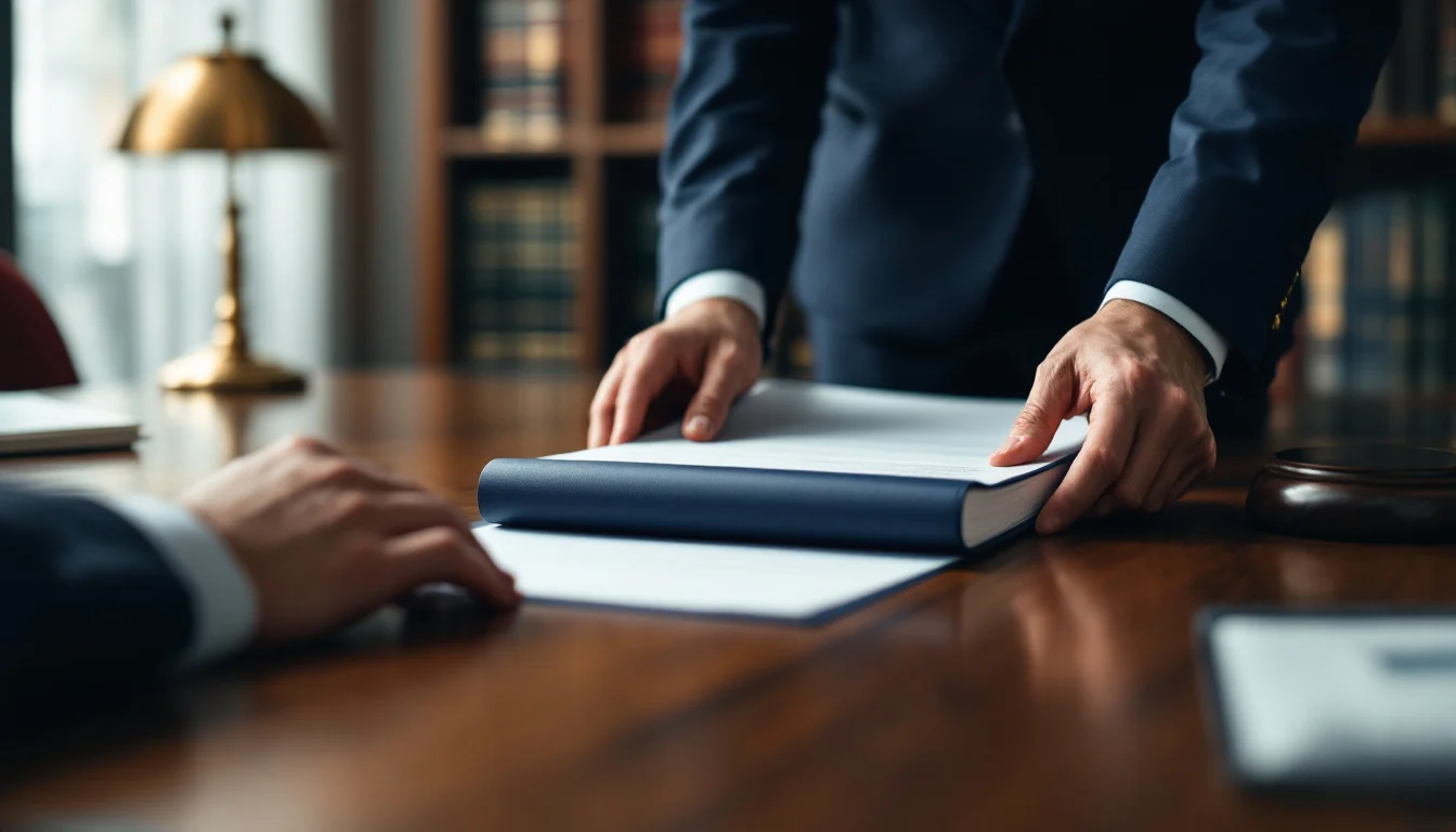 A lawyer sliding a bound document across a conference table to a client