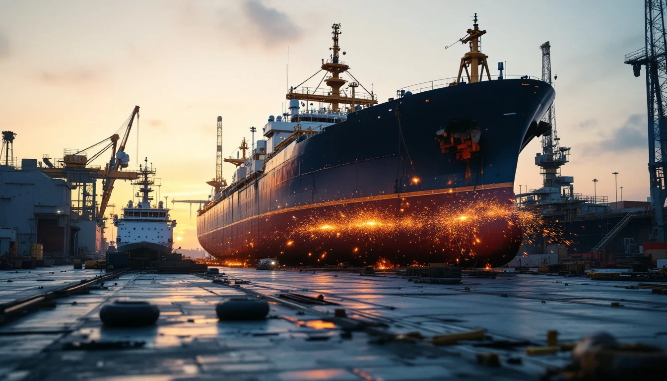 A steel ship hull under construction in a shipyard at dawn