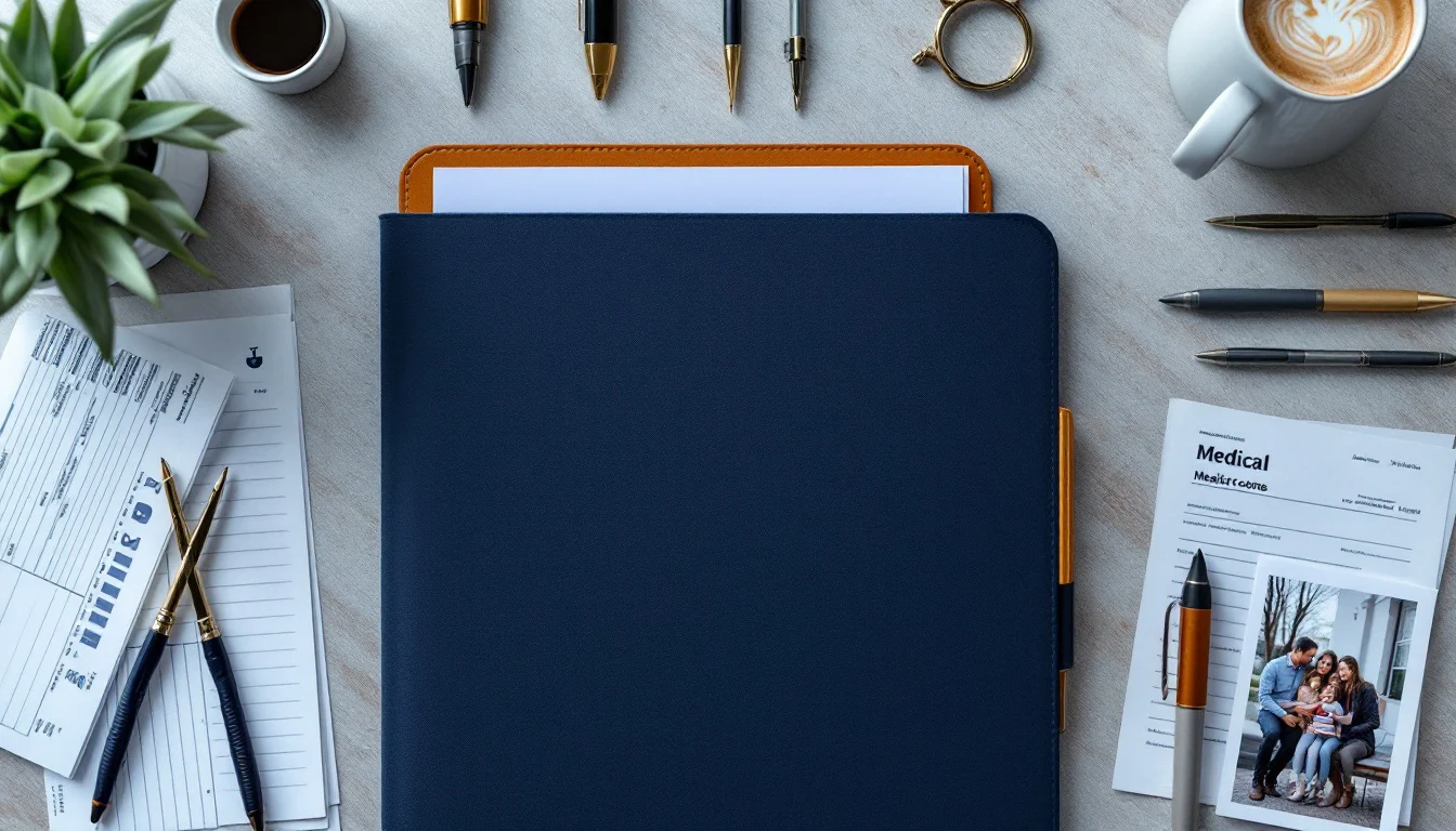 Medical records, pay stubs and a family photo on a desk