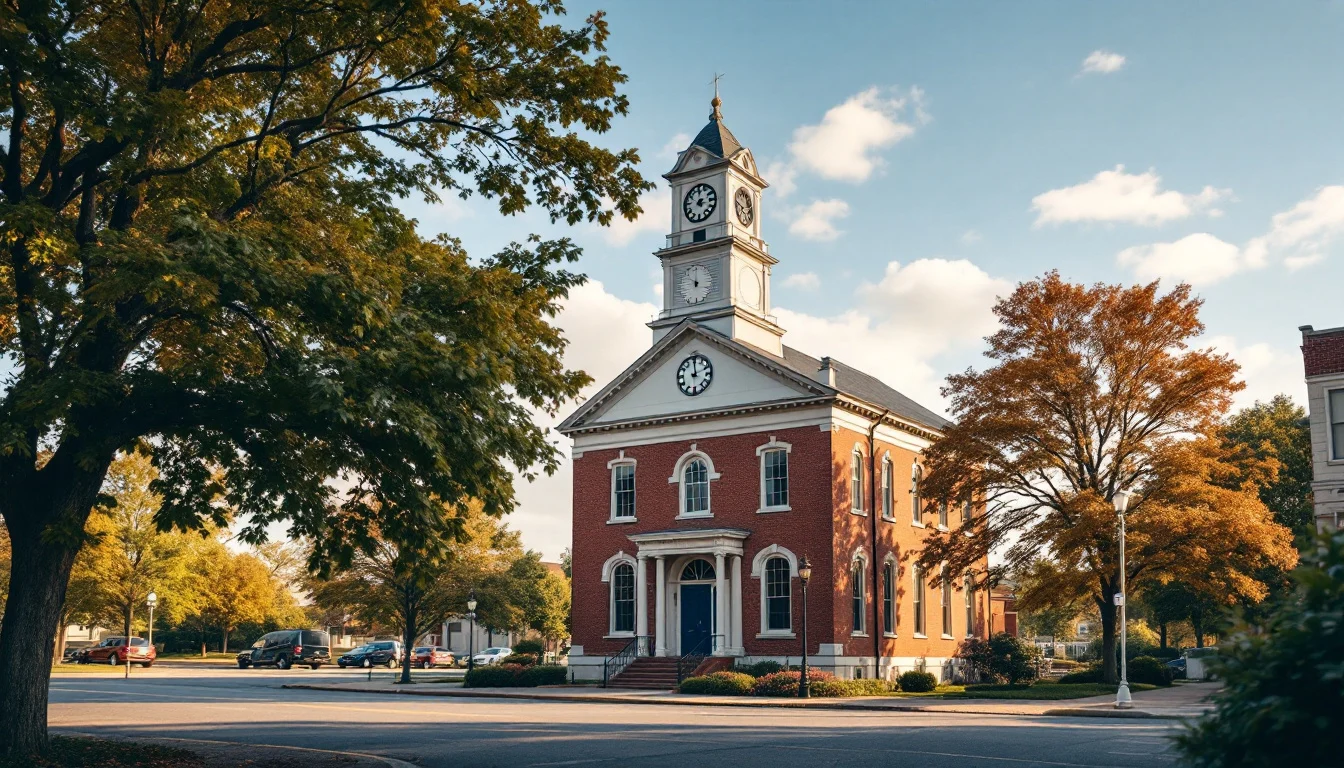 A small-town county courthouse on a tree-lined square