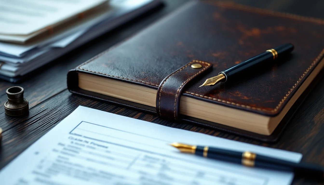 A leather ledger and fountain pen beside claim forms