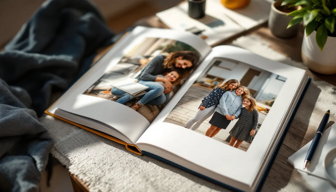 A family photo album beside paperwork on a dining table